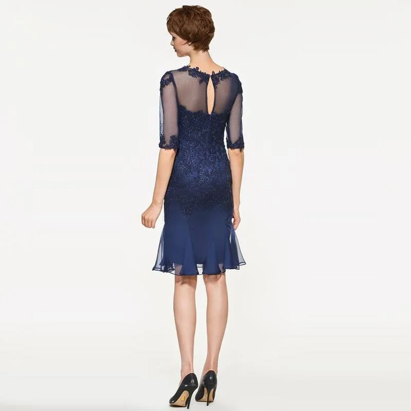 

Elegant Mother of The Bride Dress O-neck Knee-Length Wedding Party Gowns Half Sleeve Sheath Tulle Mother Dresses for Wedding