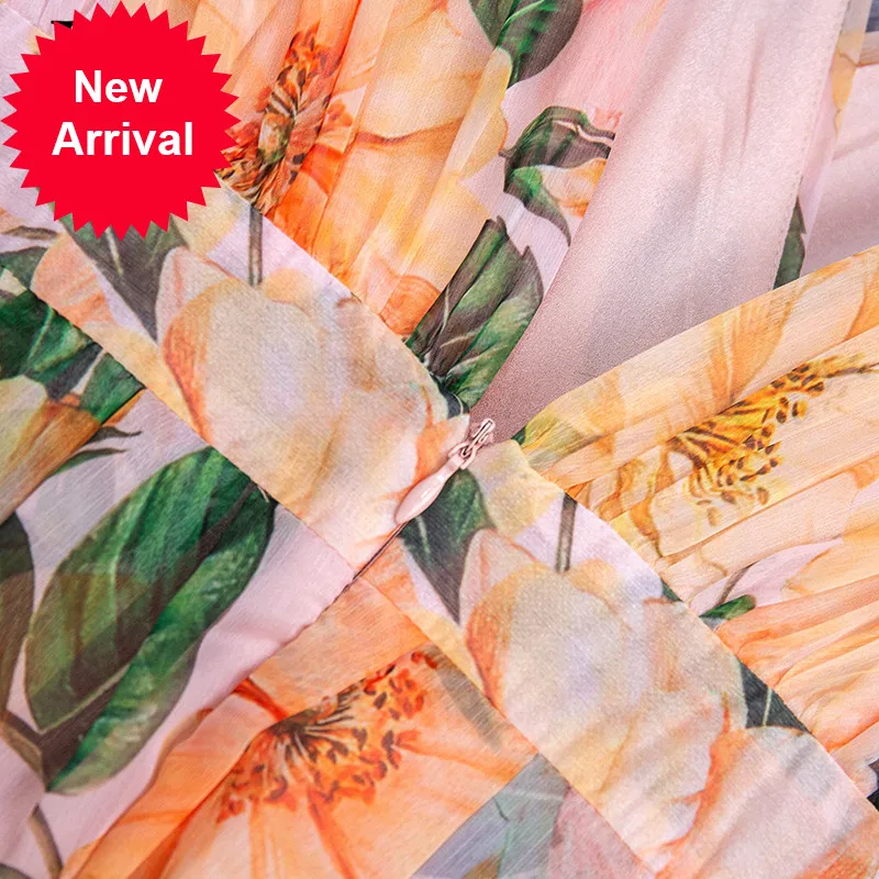 

2021 Fashion Runway Summer Long Party Dress Women V-neck Floral print Bohemia Ladies Vacation Chiffon Maxi Dress