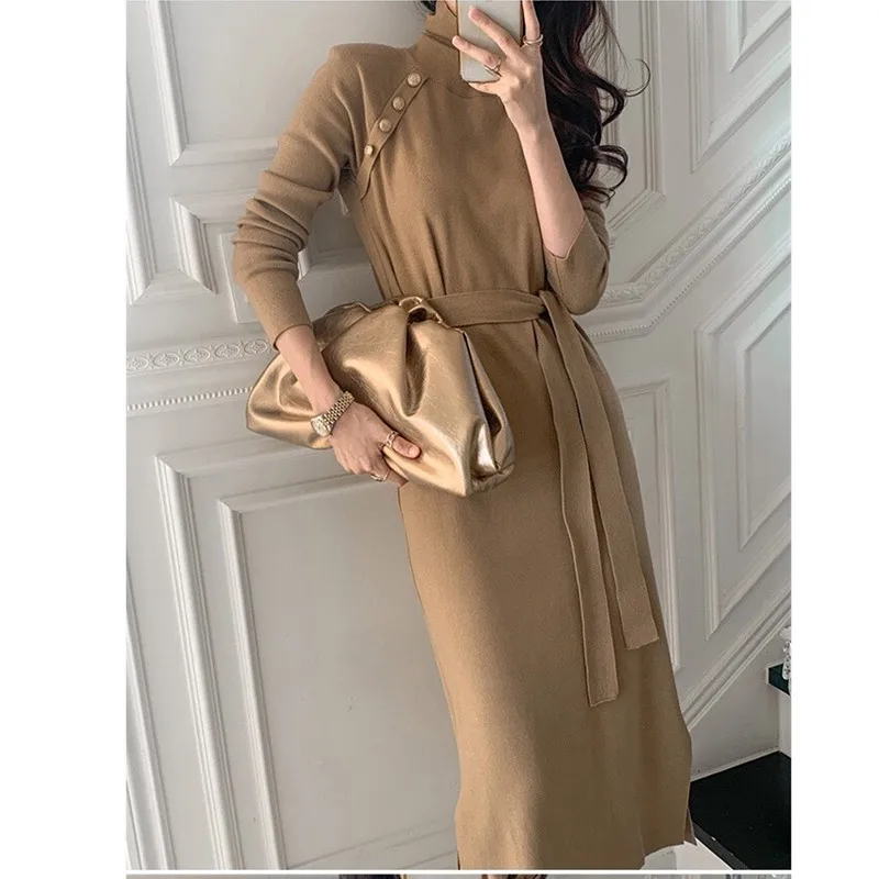 

Шикарные Вечерние платья с длинным рукавом, женское вязаное платье на пуговицах, теплое зимнее платье средней длины с высоким воротником, ж...