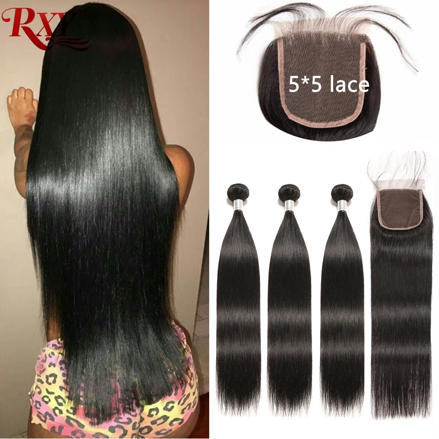 Бразильские волосы волнистые пряди с закрытием 5x5 Кружева Закрытие 3 шт.