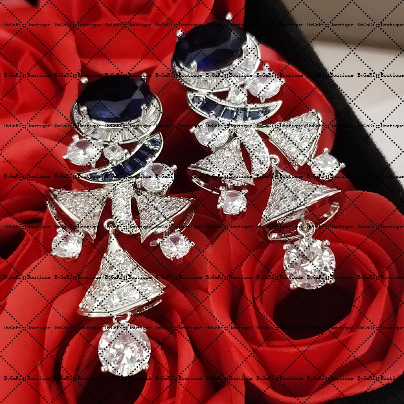 

New 1:1 Sterling Silver Earrings High Quality Elegant Sapphire Scalloped Earrings Ladies Wedding Banquet Luxury Jewelry Gifts