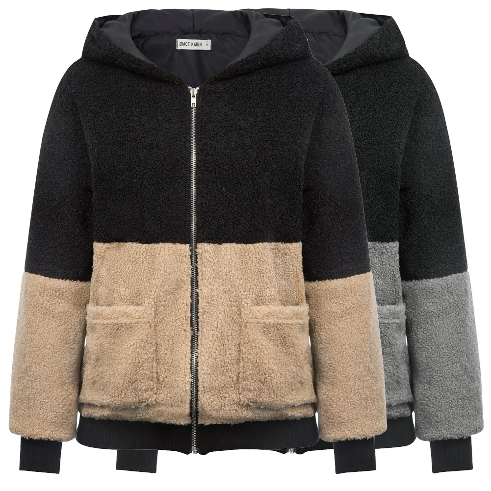 Женское пальто из флиса с капюшоном контрастного цвета зимнее теплое верхняя