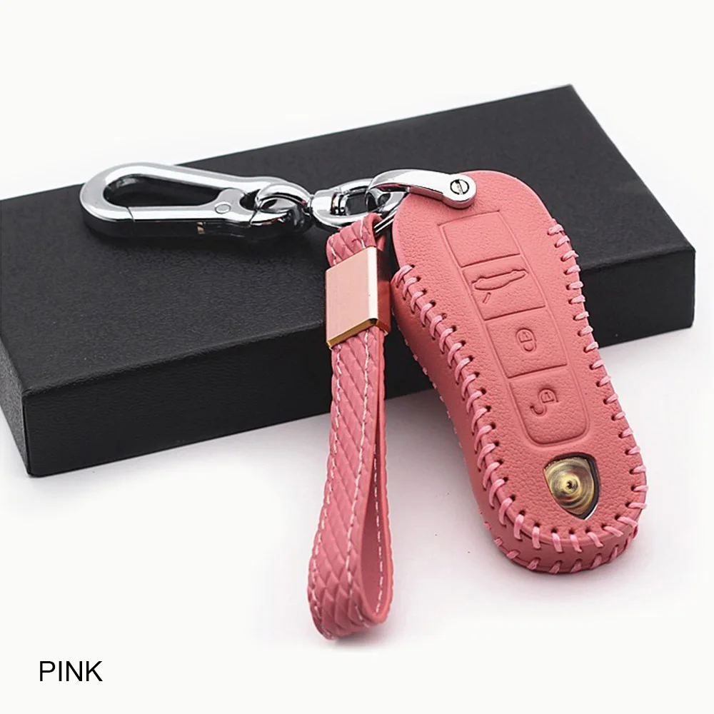 pink Чехол-держатель из натуральной кожи для автомобильных ключей, чехол-кольцо для Porsche Macan 911 Panamera Cayenne, защитный чехол-сумка - Название цвета: pink