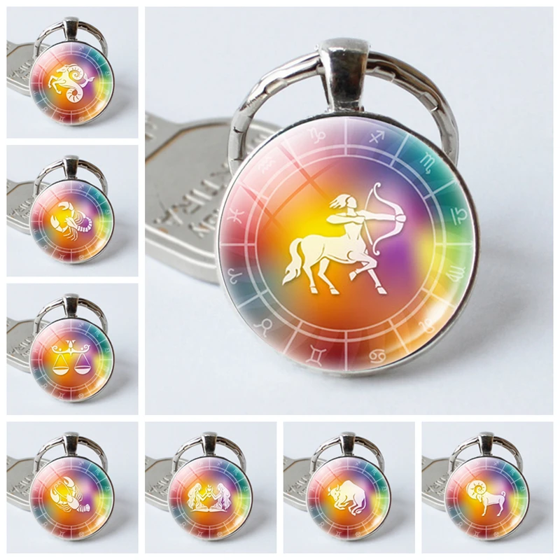 

12 Constellation Zodiac Keychain Colorful Bottom Convex Round Glass Keychain Popular Keychain Sagittarius Pisces Keychain Leo Aq