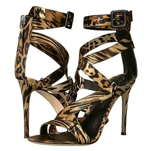 Beli Dipsloot Baru Hitam Leopard Wanita Renda Gesper Logam Sandal Wanita Seksi Ritsleting Belakang Tumit Tinggi Roma Sandal Sepatu