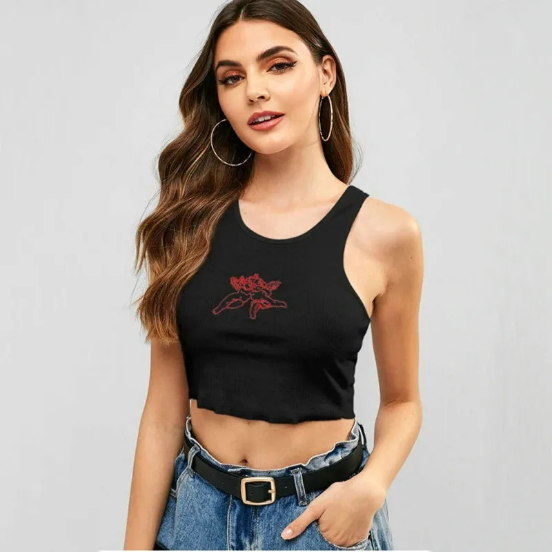 

Angel Embroidery Vest Top Women Fashion Sleeveless Tank Top Harajuku Basic Black White Cropped Streetwear Summer Clothing