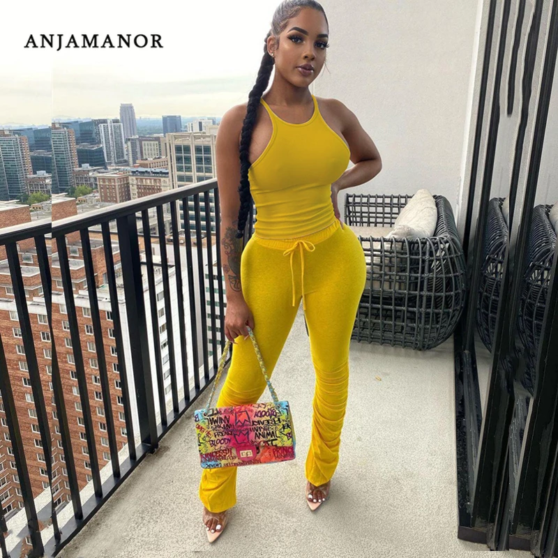 

ANJAMANOR Solid Stacked Pant Suits Two Piece Set Sexy Summer Outfits for Women 2021 Matching Sets Wholesale Items D13-CH34