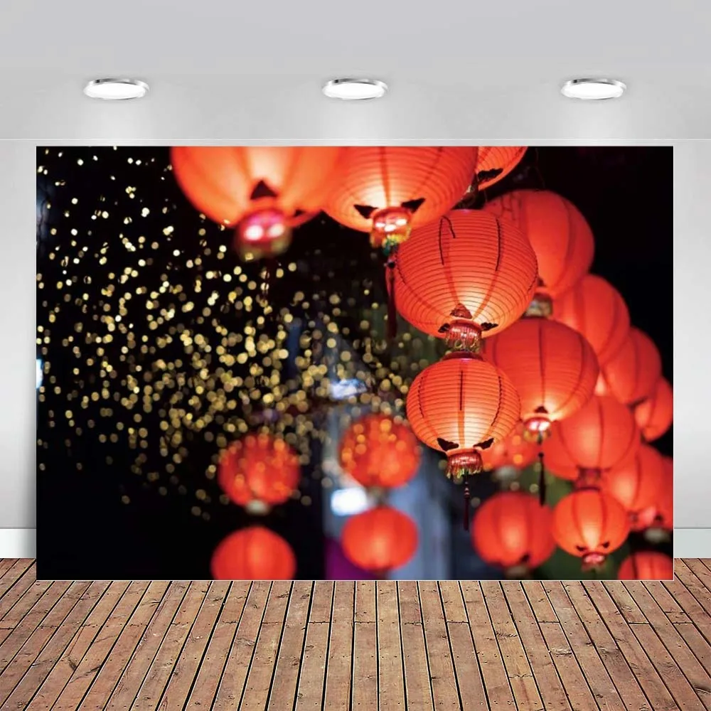 Festive New Year Backdrop for Photography Chinese Style Red Lantern Gold Spots Photo Background 2022 Eve Party Decor Celebration