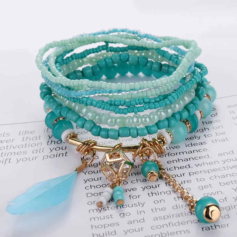 2019 unique Fashion Feather friendship Bracelets &amp Bangles For Women Jewelry Christmas Gift Crystal Beads Boho Bracelet Femme | Украшения