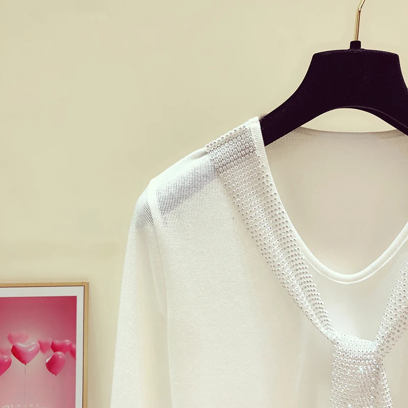 

2021 Summer Women Tshirts New Ice Silk T-shirt Rhinestone Lace-up Crew Neck Short Sleeve Thin Knitted Top Casual Pullover