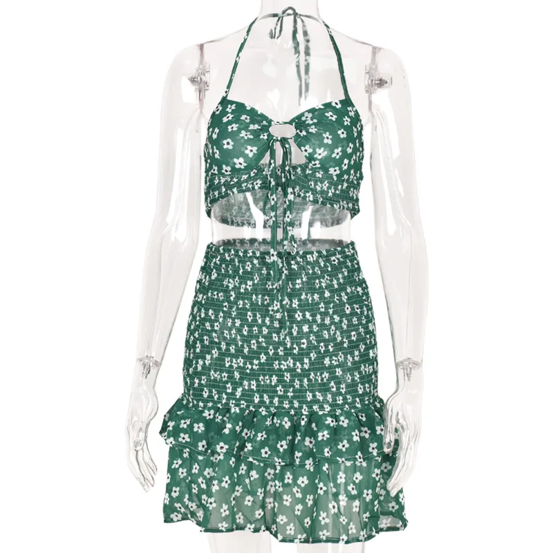 

2021 New Summer Women's Fashion Bra Chiffon Rag Suspender Neck Waistcoat Fresh Sweet Suit Skirt Beach Resort Sexy Green Dress