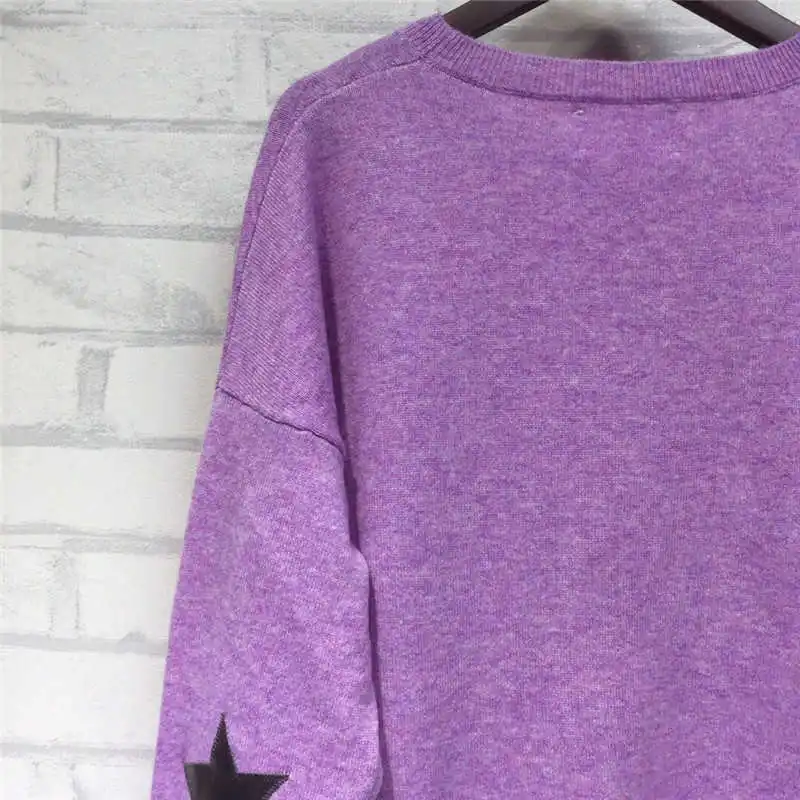 

violet Woman Cashmere Sweater Drop SHoulder FRAYED HEM Wide Sleeves with Star Patch Fashion Jumpers 2021