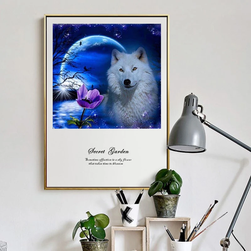 Полноразмерная 5D картина из страз сделай сам вышивка крестиком Луна и волк 3D