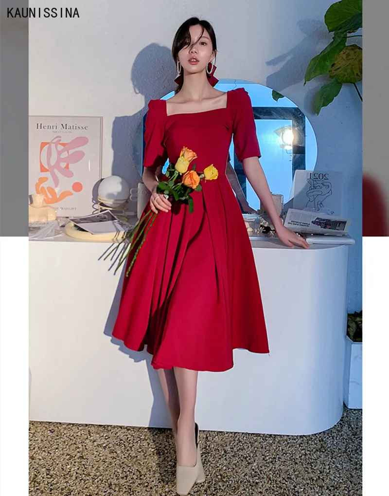 

KAUNISSINA Burgundy Party Dress Half Sleeve Square Collar Cocktail Dresses Women Plus Size Vintage Vestidos De Fiesta De Noche