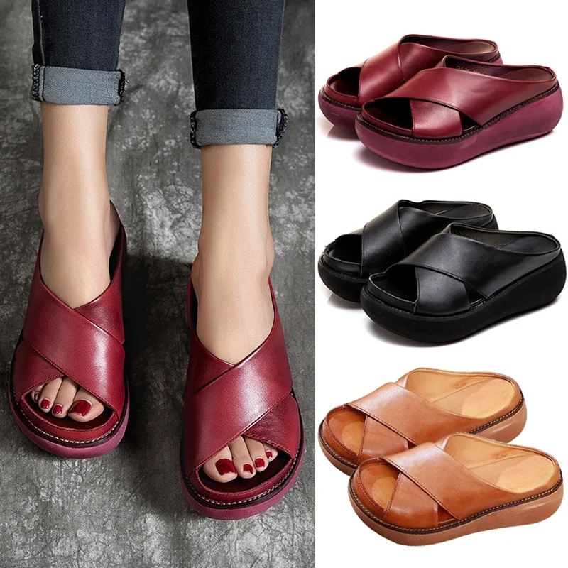 Женские сандалии из мягкой кожи удобные пляжные шлепанцы на платформе и толстом