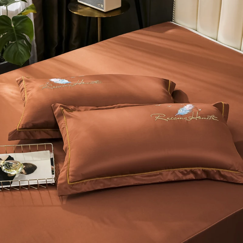 

Brown Pink Blue Green Gray Soft Silky Feather Embroidery Bedding Set Like Silk Duvet Cover Flat/Fitted Sheet Pillowcases