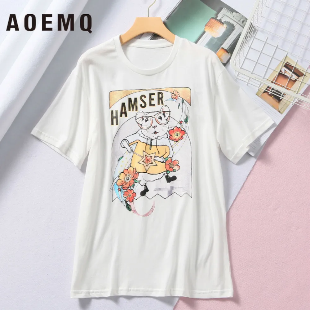 AOEMQ 5 Colors T-shirts Cartoon Animal Mouse Pattern Casual Breathable Cotton Sweat Women Summer Clothing | Женская одежда
