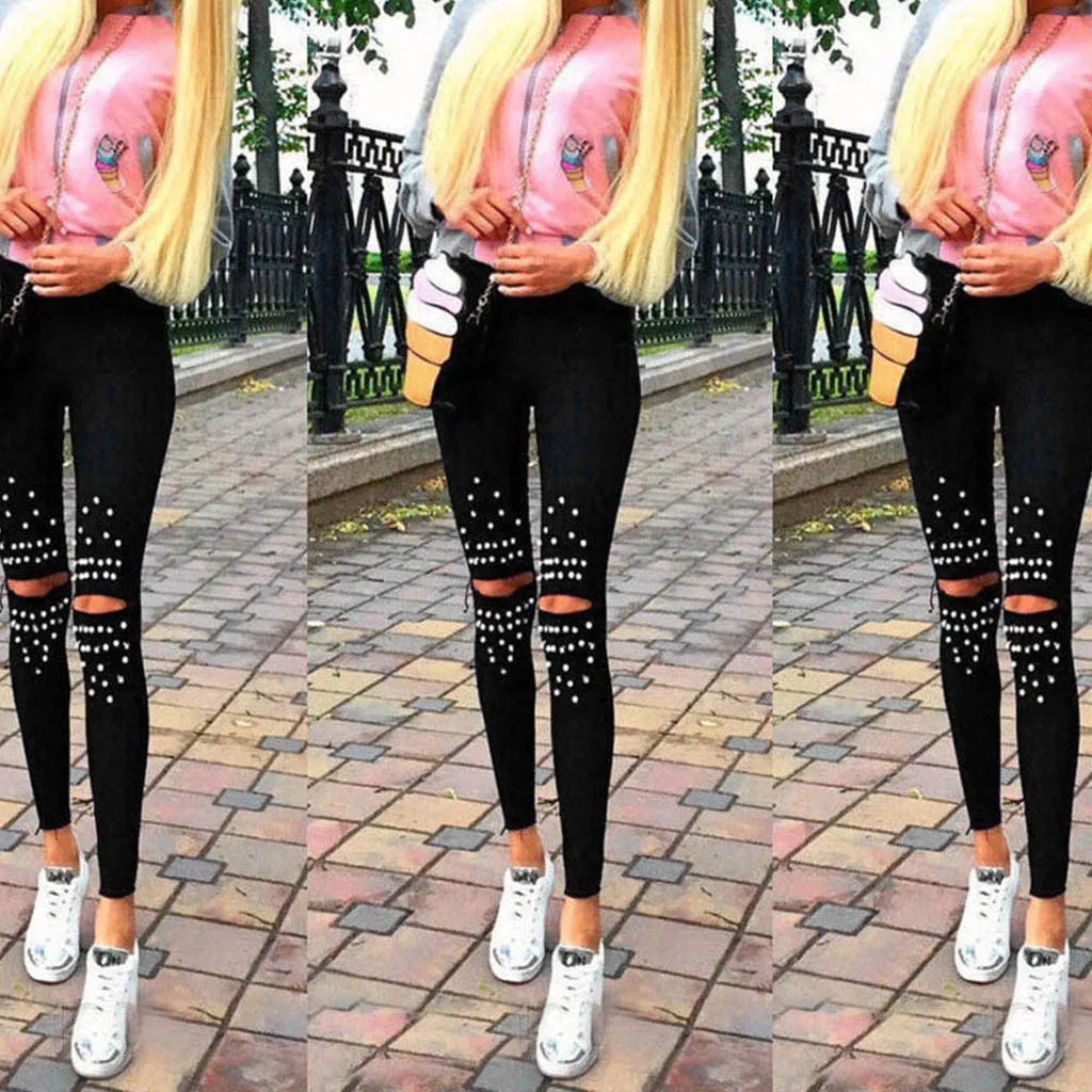 Обтягивающие джинсы женские джинсовые брюки с дырками до колена узкие