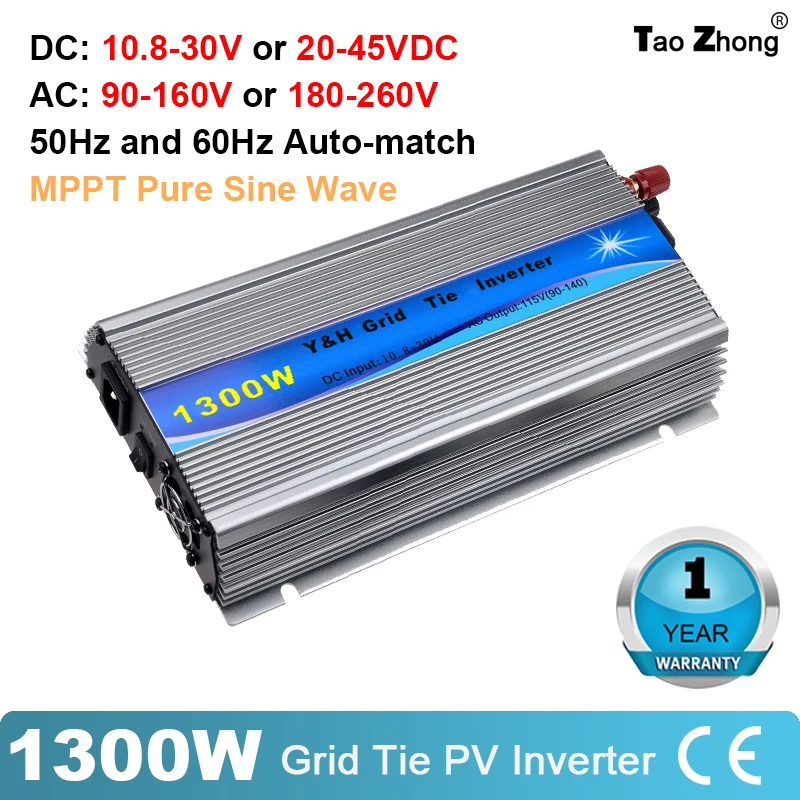 

1300W Grid Tie Solar Inverter MPPT Pure Sine Wave Micro Inversor DC30-45V DC15-28V PV Input AC120V/220V for 24V /36V Solar Panel