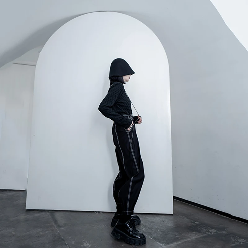 

[EAM] Irregular Balck Bright Line High Waist Long Trousers New Loose Fit Pants Women Fashion Tide Spring Autumn 2021 1DD2669