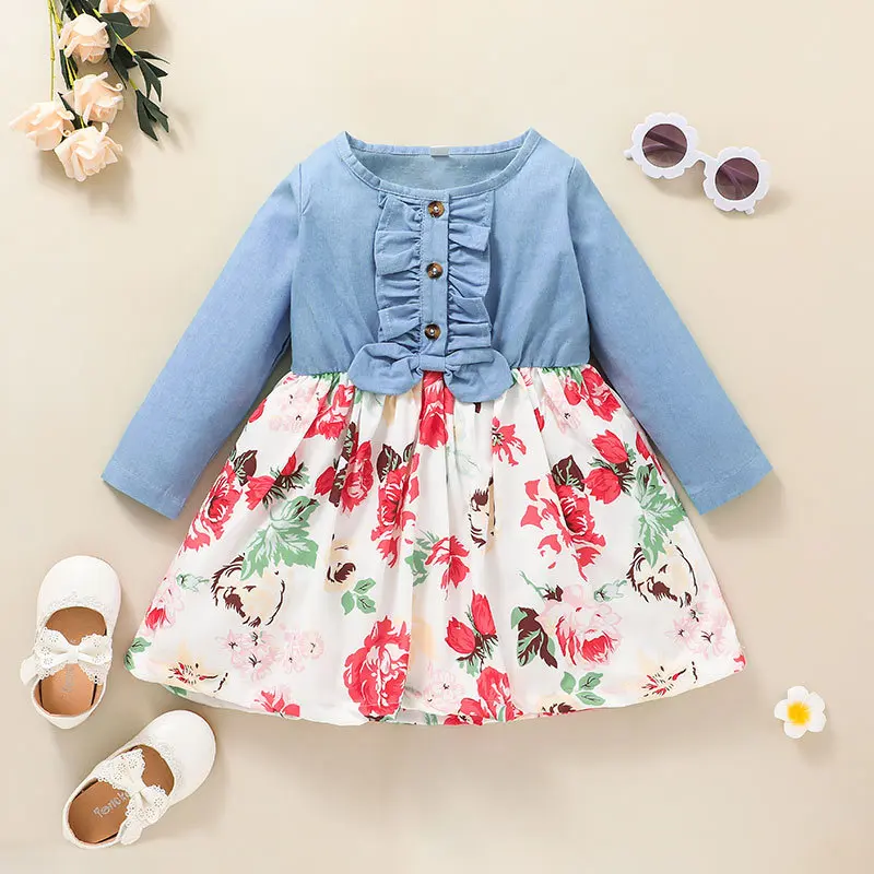 

Autumn Winter 2021 New Girls Dress Long Sleeve O Neck Ruffles Patchwork Print Floral Cute Girls Baby Princess Dress 18M-6T