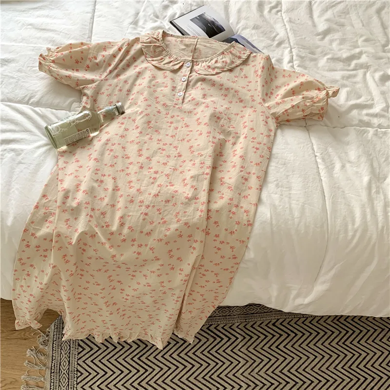 

CBAFU women summer nightgowns home clothes dresses peter pan collar floral print midi sleepwear full cotton nightdress M875