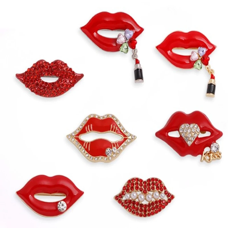 

Red Color Rhinestone Lips Brooches For Women Fashion Sexy Mouth Brooch Pin Shining Jewelry 2021 New Gift