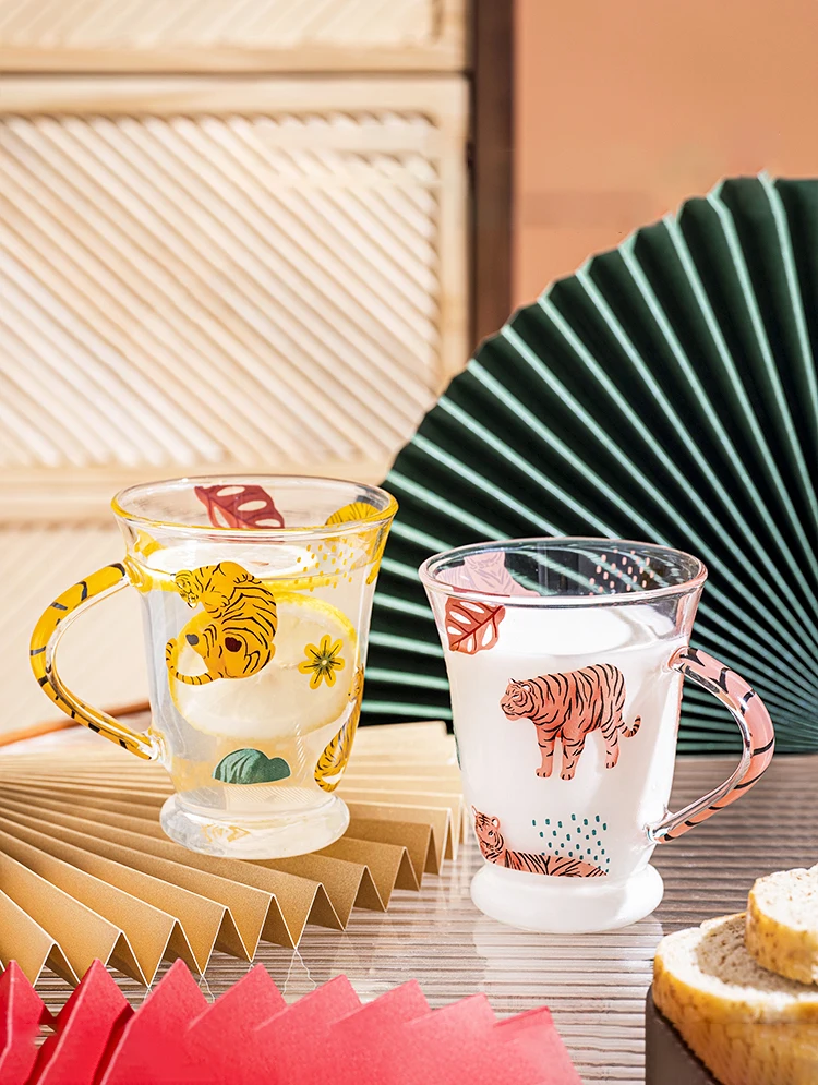 

BFE Tiger Glass Cup 330ml Pink Handle Mug Breakfast Milk Teacup Household Juice Cup