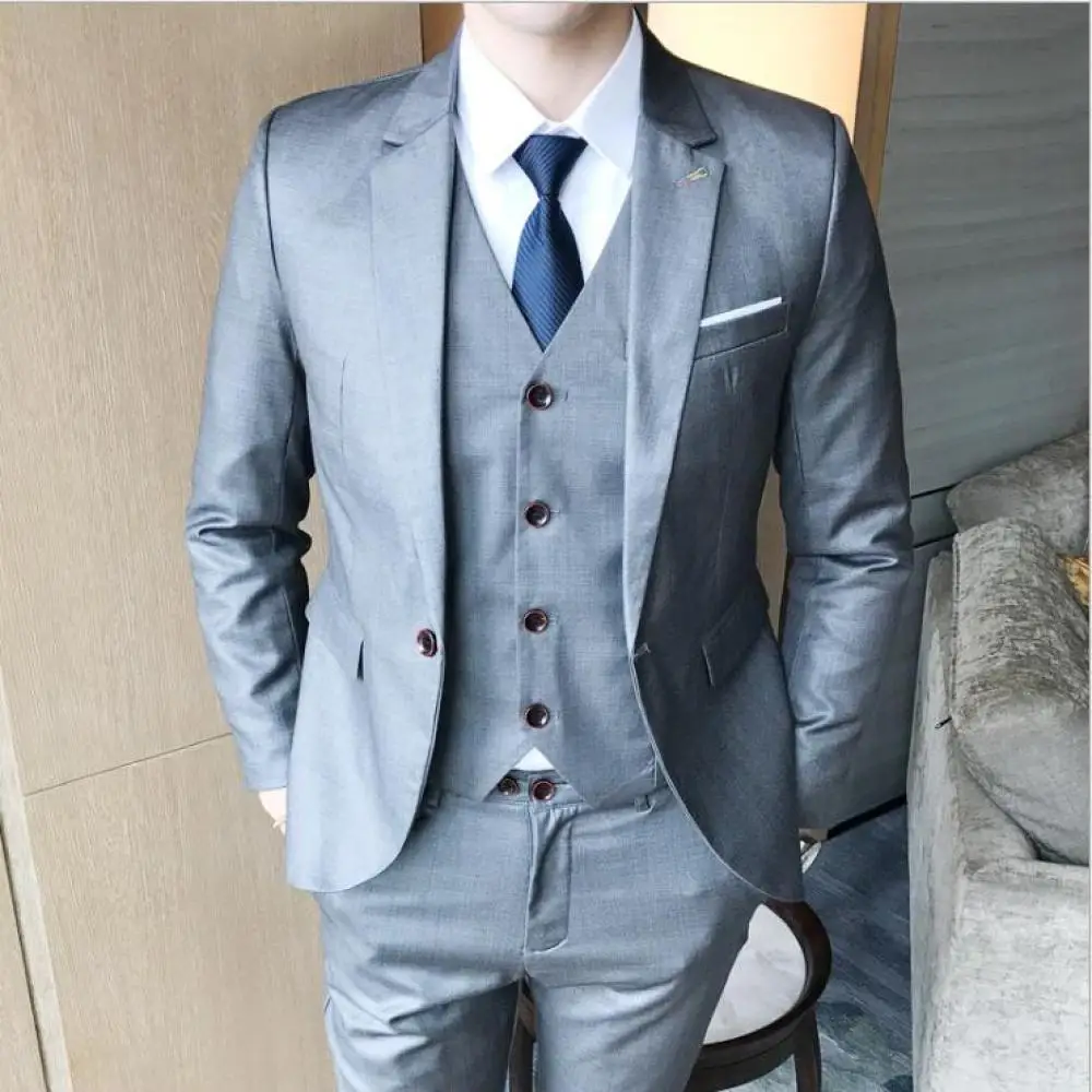Mens Solid Color Large Size Suit Three-piece Blazer   Vest   Trousers Sets British-style Business Casual Suit