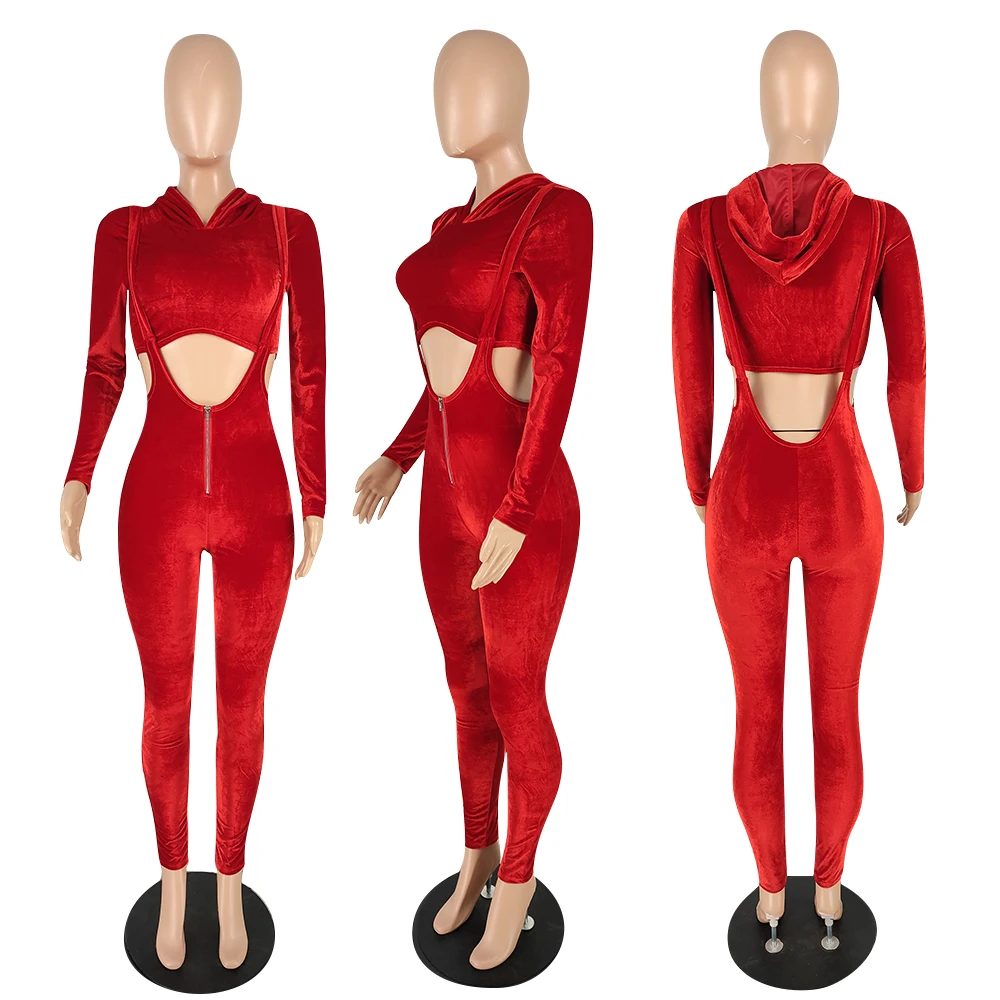 

hirigin Sexy Velvet Two Piece Set Long Sleeve Hoodies Crop Top Bodycon Overalls Women Fashion Clothing Streetwear Club Outfits