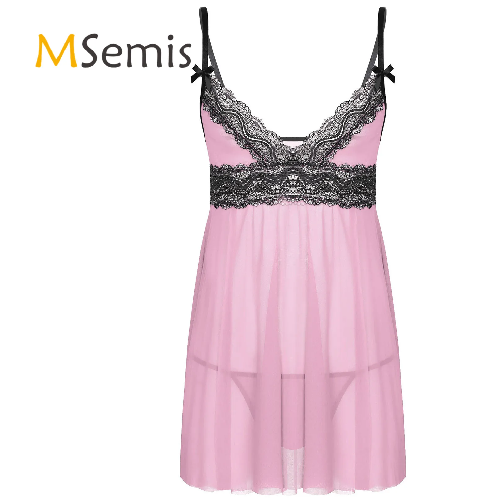 

Mens Sissy Sheer Lace Mesh Lingerie Adjustable Spaghetti Shoulder Straps Deep V Neck Lace Trim Chemise Babydoll Sleepwear