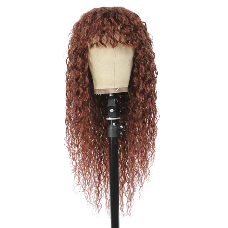 

GOOD 33# Water Wave Human Hair Wigs With Bangs Brazilian Human Hair For Black Women Curly Wig With Bang Remy Hair Darker Color