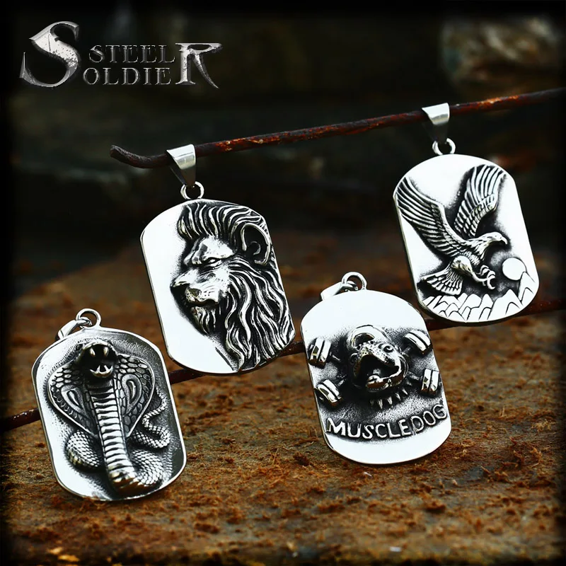 

Steel soldier punk Square round lion king charm animal pendant necklace stainless steel fashion Glossy tag popular jewelry