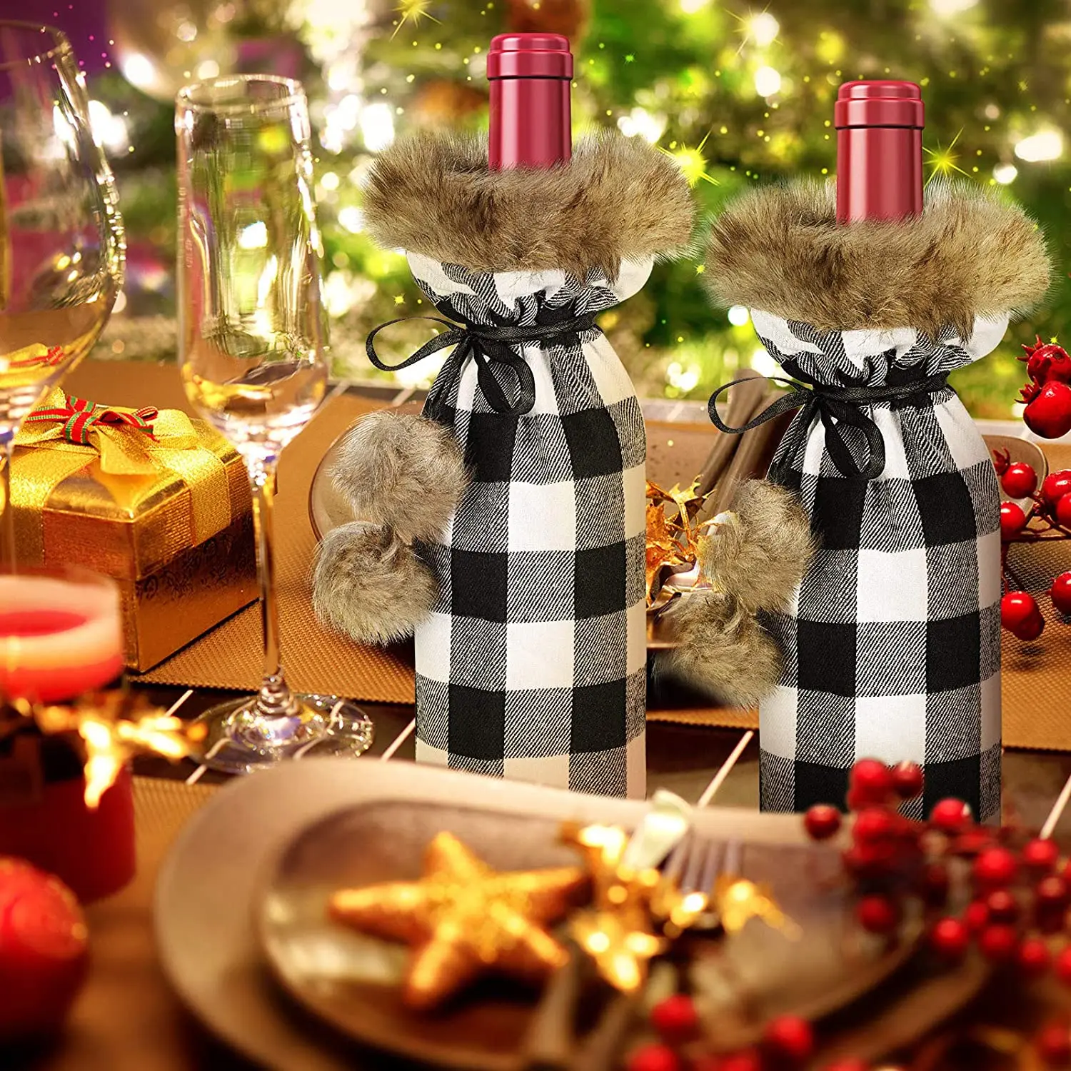 6 шт./компл. Рождественская клетчатая крышка в виде буйвола для винной бутылки
