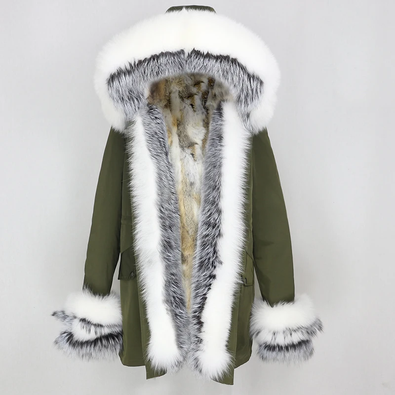 green silver C OFTBUY, зимняя куртка для женщин, пальто из натурального меха, толстая теплая парка с воротником из натурального Лисьего меха, верхняя одежда с подкладкой из кроличьего меха, уличная одежда - Цвет: green silver C
