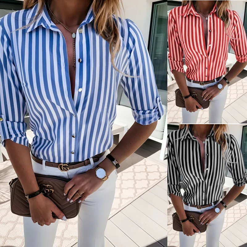 

2021 Spring Autumn Fashion Turn-down Collrar Women's Shirt Casual Slim Solid Stripe Print Button Office Ladies Shirts Plus Size