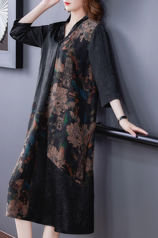 

COIGARSAM 4XL Plus Size Vintage Three Quarter Sleeve Women dress V-Neck Dresses 5110