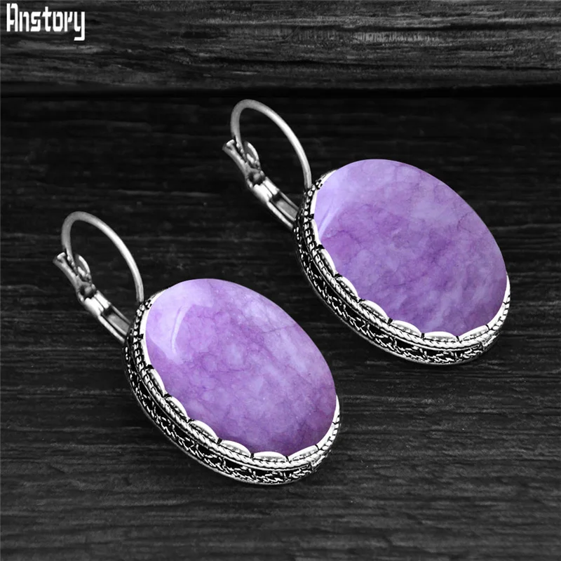Большой овальный Природный камень фиолетовый серьги для Для женщин Винтаж