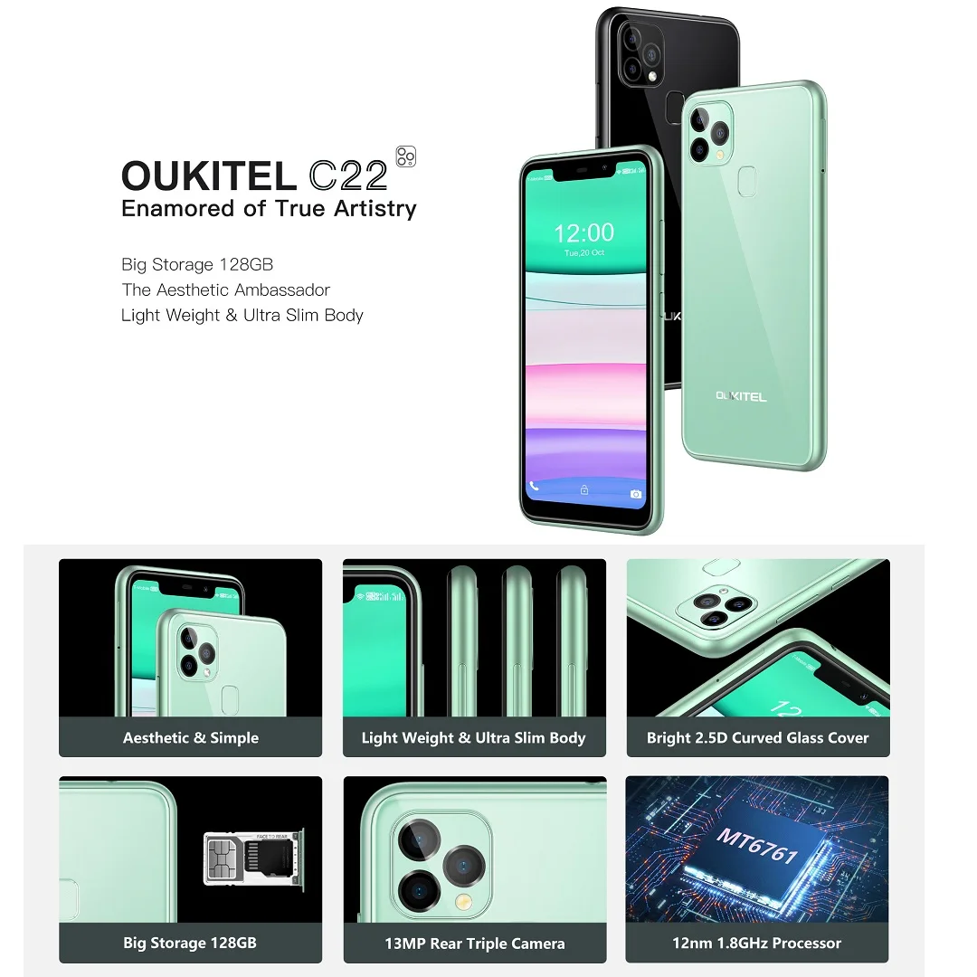 Смартфон OUKITEL C22 с тройной камерой легкий вес 2.5D стеклянная задняя крышка 4 Гб ОЗУ