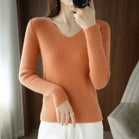 autumn and winter new wool v neck pullover soft knit casual slim solid color cashmere sweater bottoming long sleeved all match