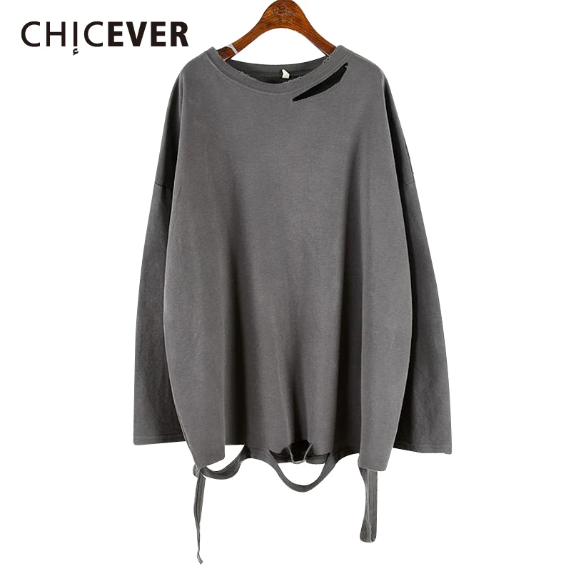 CHICEVER корейский рваные женские футболки с круглым вырезом с длинным рукавом безразмерная Свободная Повседневная рубашка для женщин Осенняя модная одежда