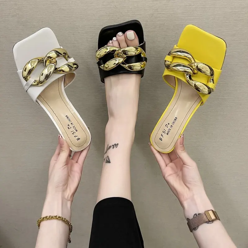 

Shoes Rivet Woman's Slippers Slides Square Toe Fashion Med Thin Heels 2021 Summer Luxury Rome Rubber PU Sexy Fabric Med Shoes Wo