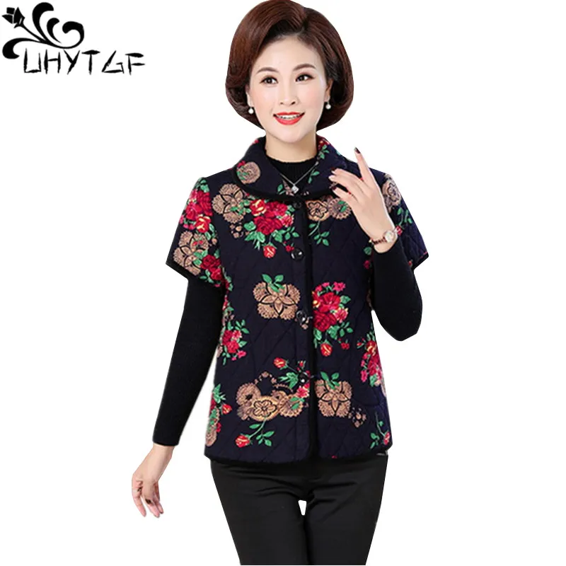 

UHYTGF winter vests for women Fashion print short sleeve vest waistcoat middle-aged Female loose plus size cotton vest coat 1193