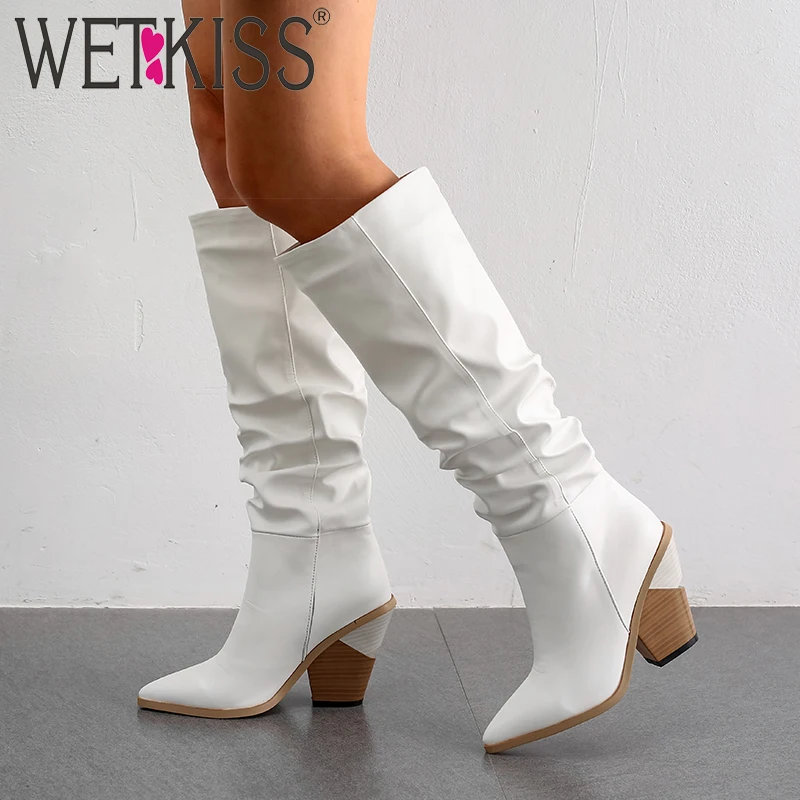 Сапоги женские на высоком каблуке под дерево до колена с острым носком | Обувь