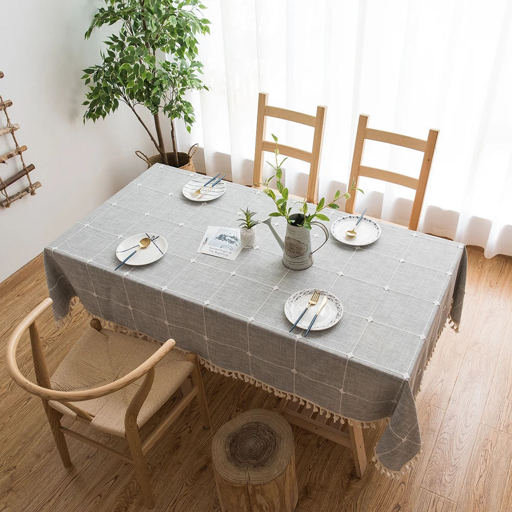 

Cotton Linen Tablecloth Japan Style Stripes Plaid Embroidered Rectangular Dining Table Cloth For Christmas Banquet Decor