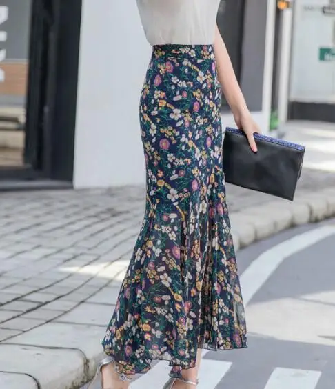 

S-3XL High Waist Chiffon Skirt Women Flower Print Skirt Womens Summer 2021 Beach Women's Floral Skirts Korean Style