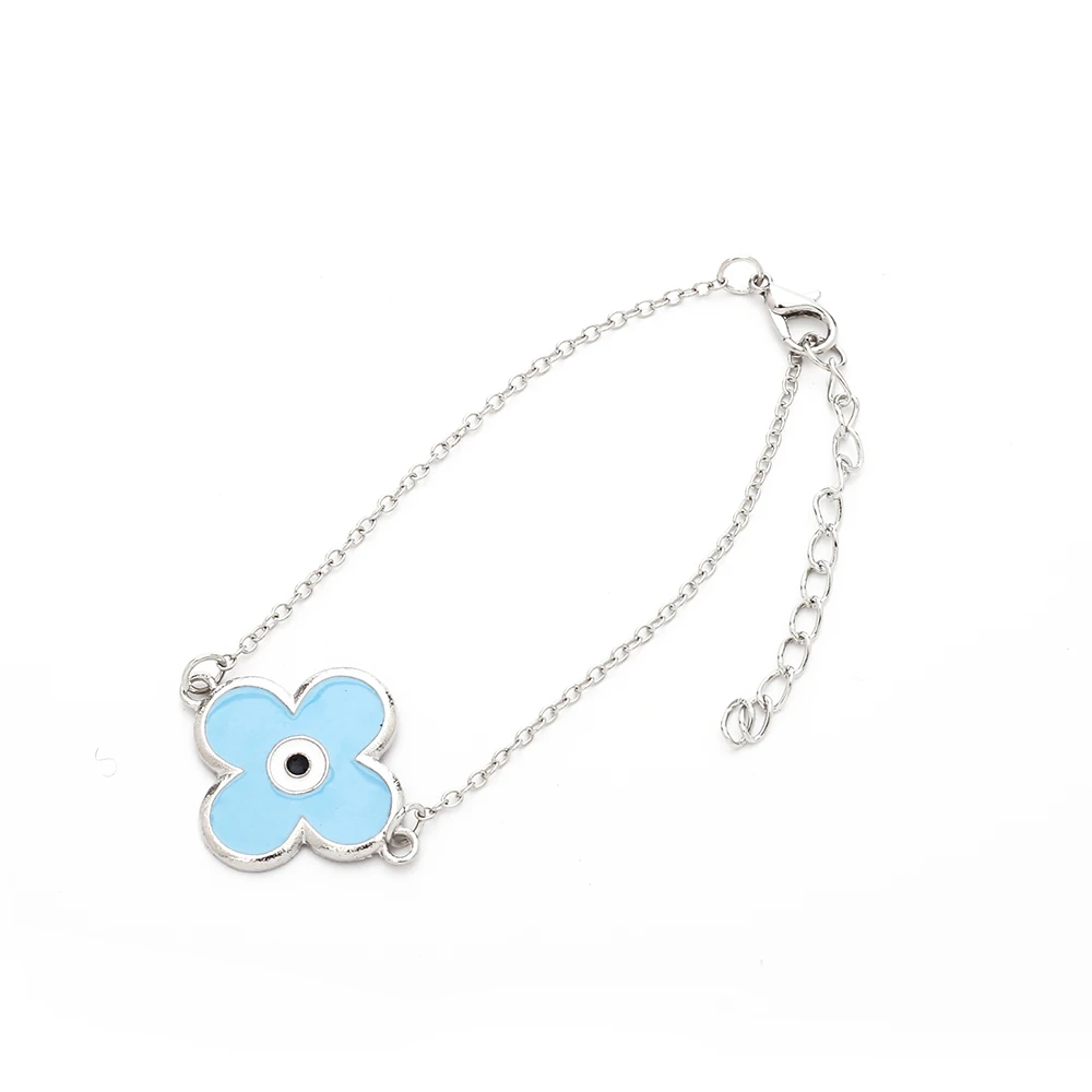 Popular Bohemian Blue Enameled Flower Eye Shaped Silver Chain Bangle Bracelets Ladies Evil Charm Boho Jewelry |