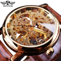 winner transparent golden case luxury casual design brown leather strap mens watches top brand luxury mechanical skeleton watch