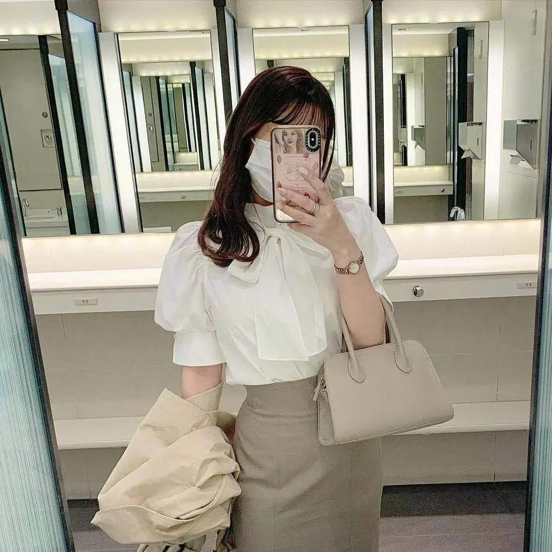 Женская хлопковая рубашка с бантом блузка рукавами фонариками и перекрестными