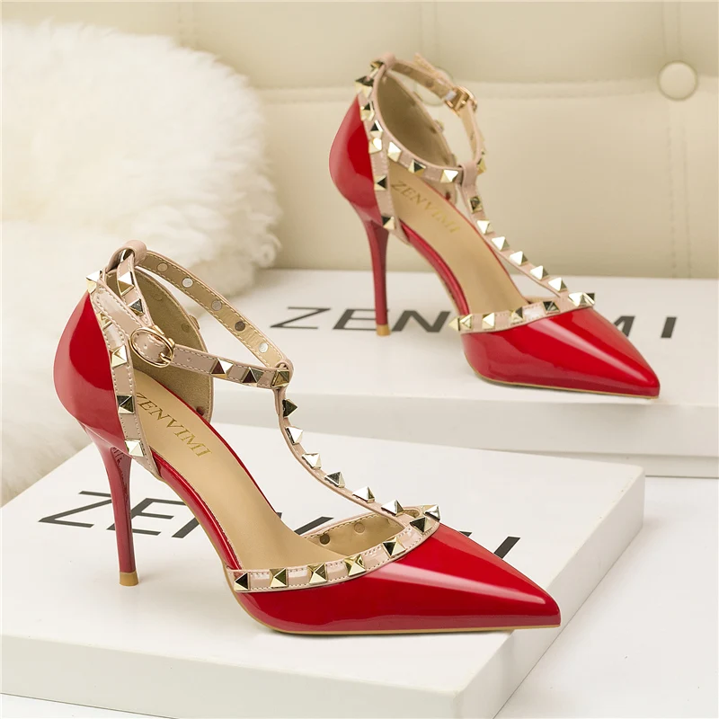 2020 Summer Fashion Sexy Women 9cm High Heels Sandals red Wedding Prom Strap Shoes Glitter Rivets Scarpins Stiletto Fetish Pumps | Обувь